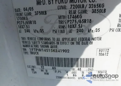 2005 Ford F-150 Fx4/Lariat/Xlt from USA, damaged, VIN 1FTPW14515KE41902